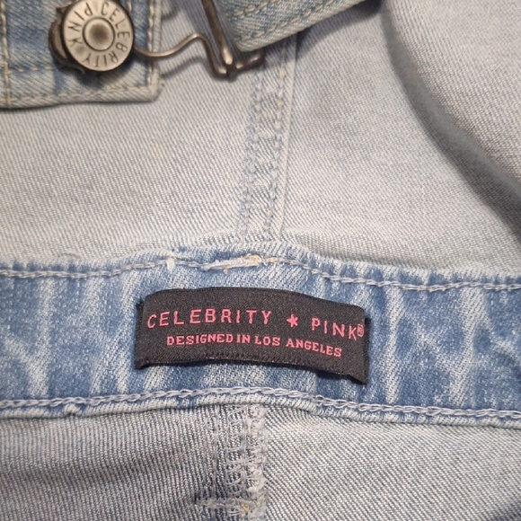 Celebrity Pink Light Blue Distressed Denim Overall Shorts-L - Picture 2 of 6